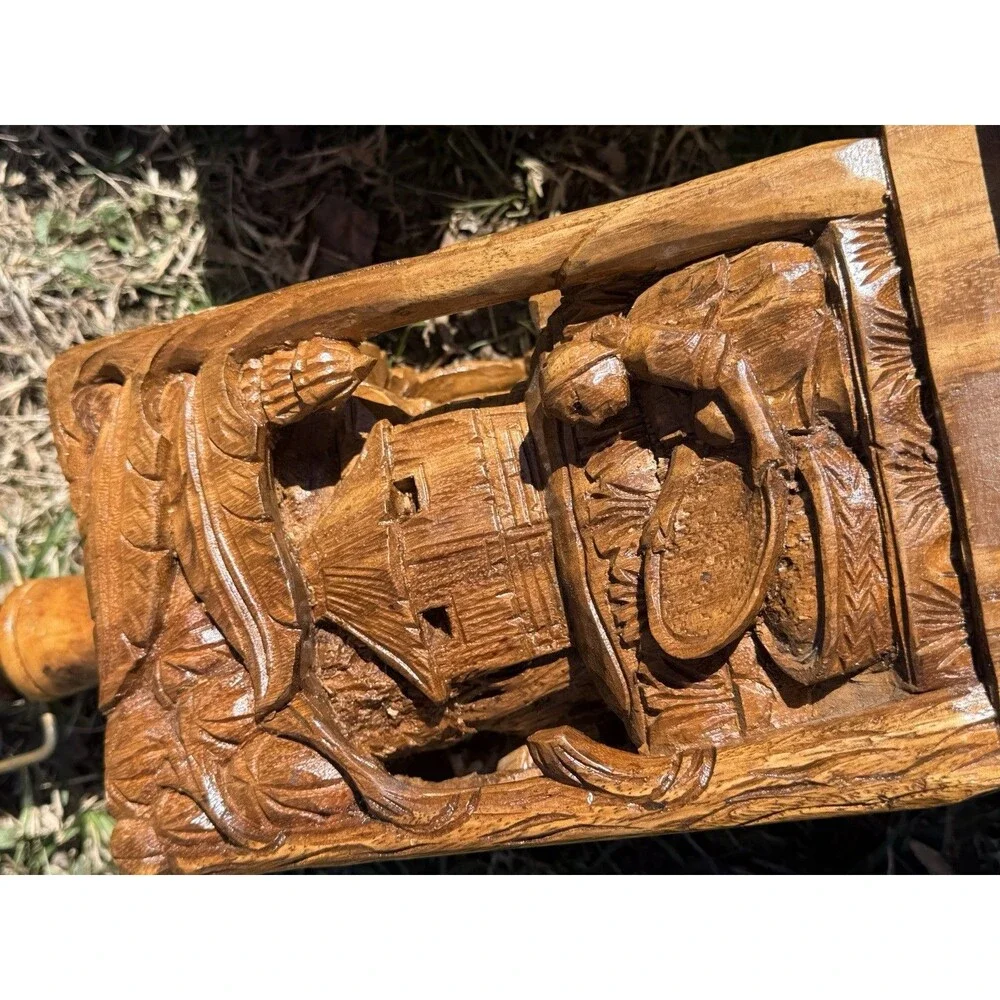 2 Vintage Rare Hand Carved Teakwood Table Lamps Tropical Farm Village Scene